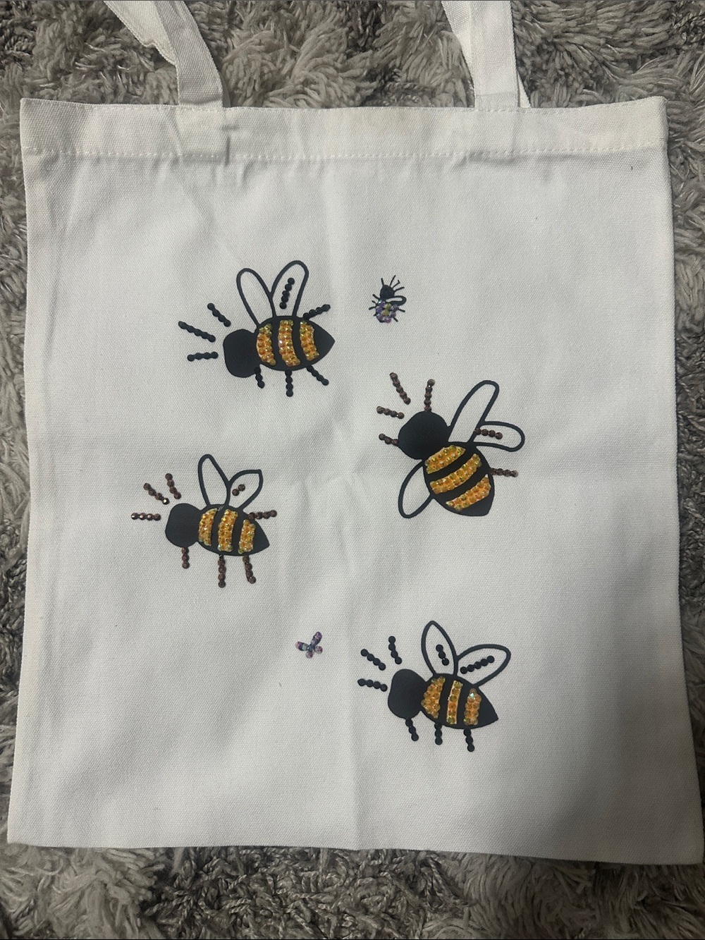 Bee Print White Canvas Tote Bag with Gold Accent